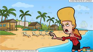 A Choking Female Reaches Out For Help and A Simple Beach Front Resort  Background