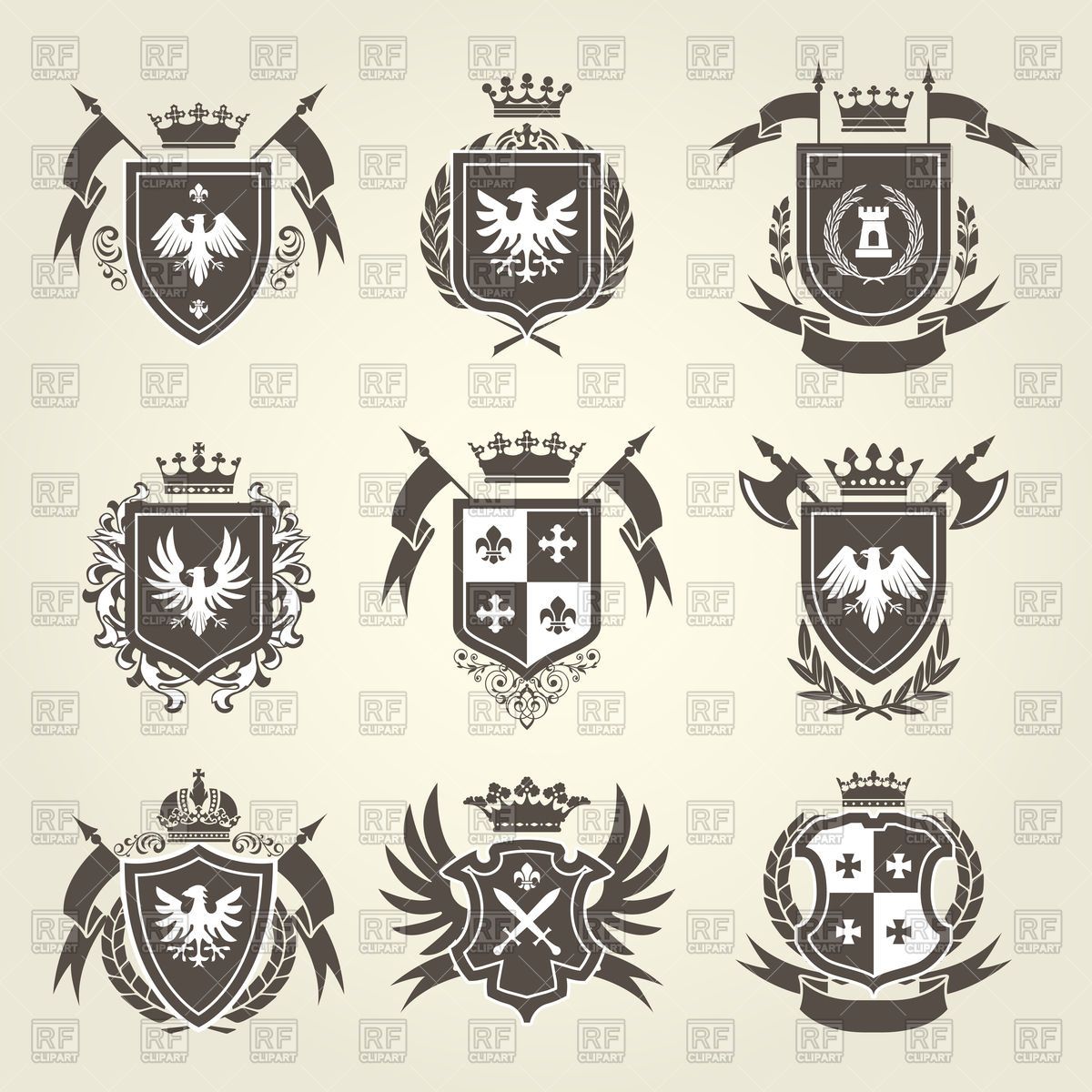 Medieval royal coat of arms and knight emblems