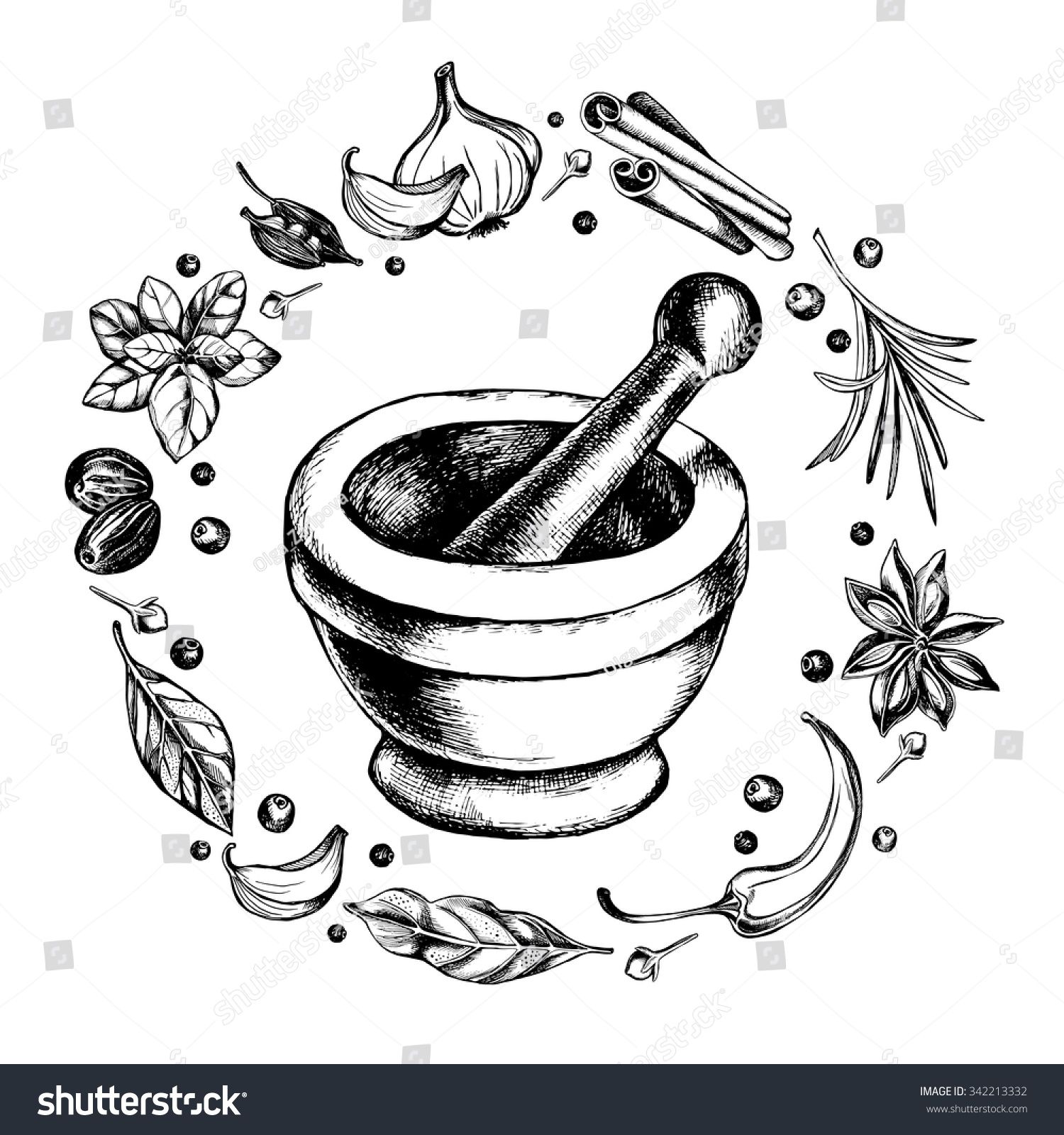Mortar and pestle with herbs clipart black and white