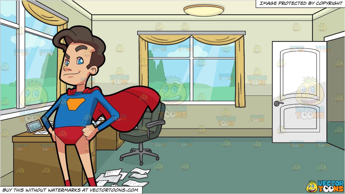 A Man Wearing A Red And Blue Super Hero Costume and A Home Office Full Of  Crumpled Papers Background