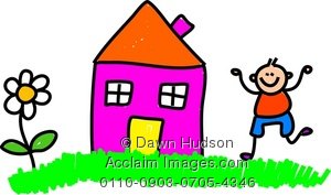 Clipart Illustration of Little Boy Playing Outside His Home