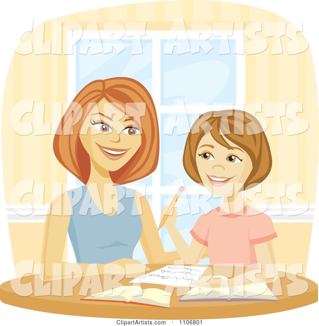 Happy Mother Homeschooling Her Daughter And Helping Her Do