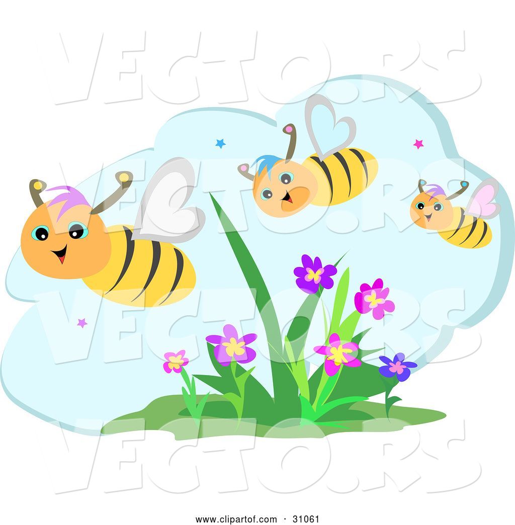 Vector of Three Happy Honey Bees Flying over Flowers on a
