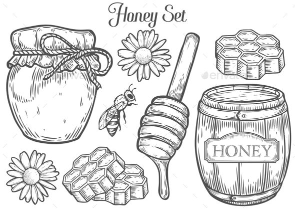 Honey jar, barrel, spoon, bee, honeycomb, chamomile, vintage