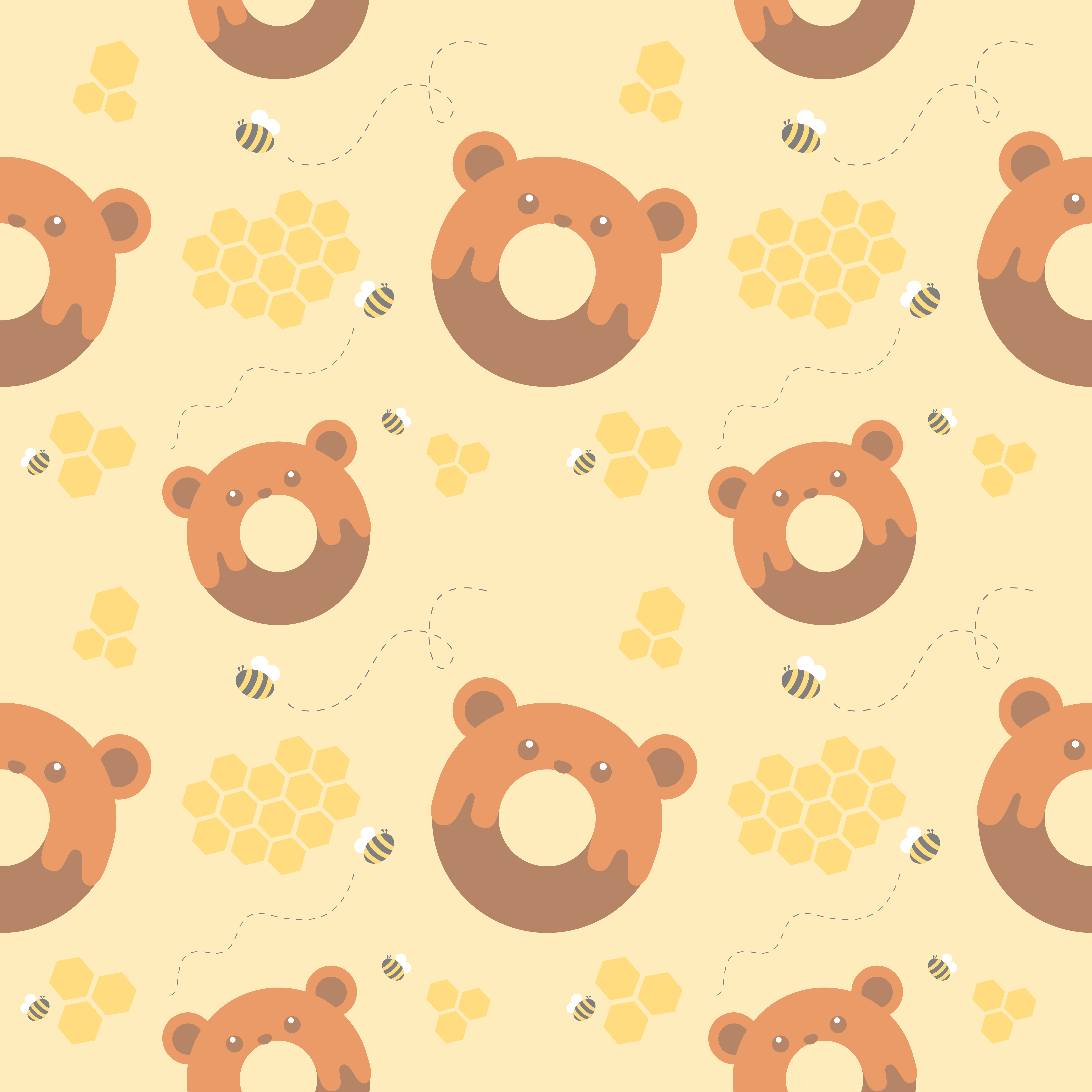 Seamless pattern bear donut and honeycomb