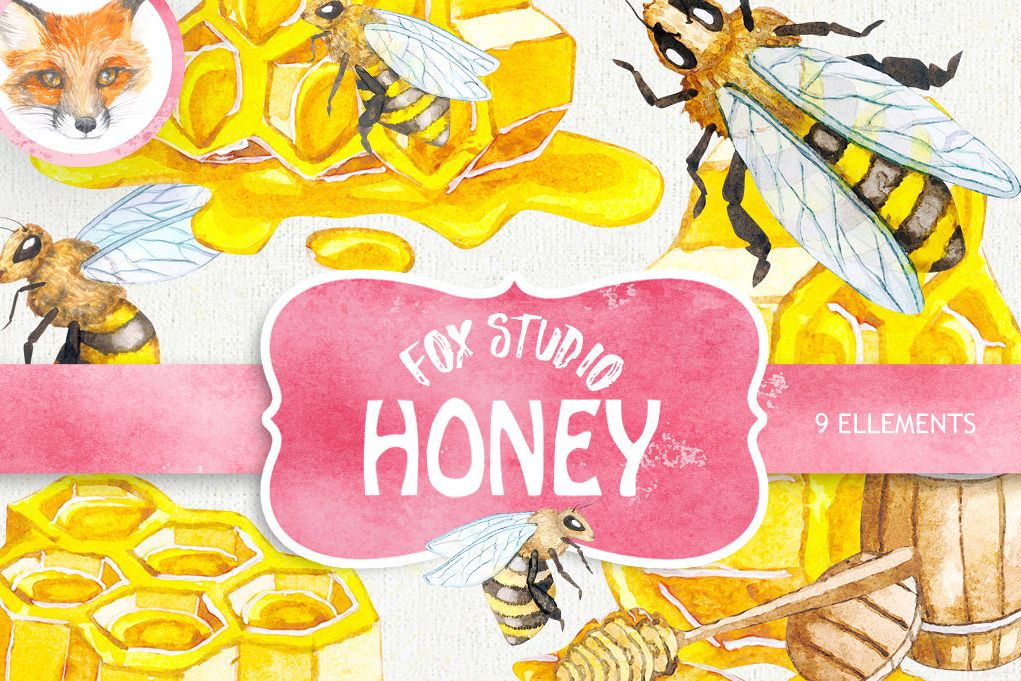 Watercolor Honey Bee Clipart, Honeycomb, Hand painted