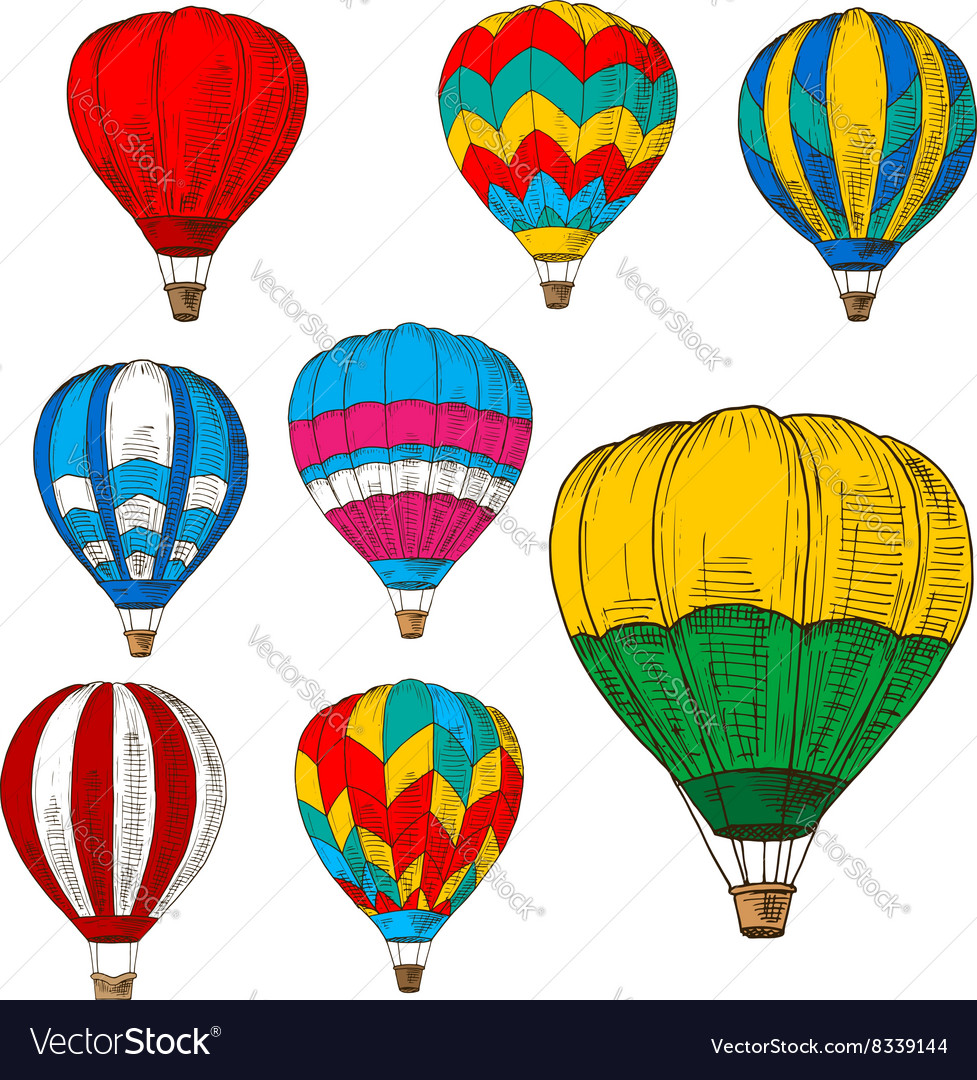Hot air balloons in flight colored retro sketches