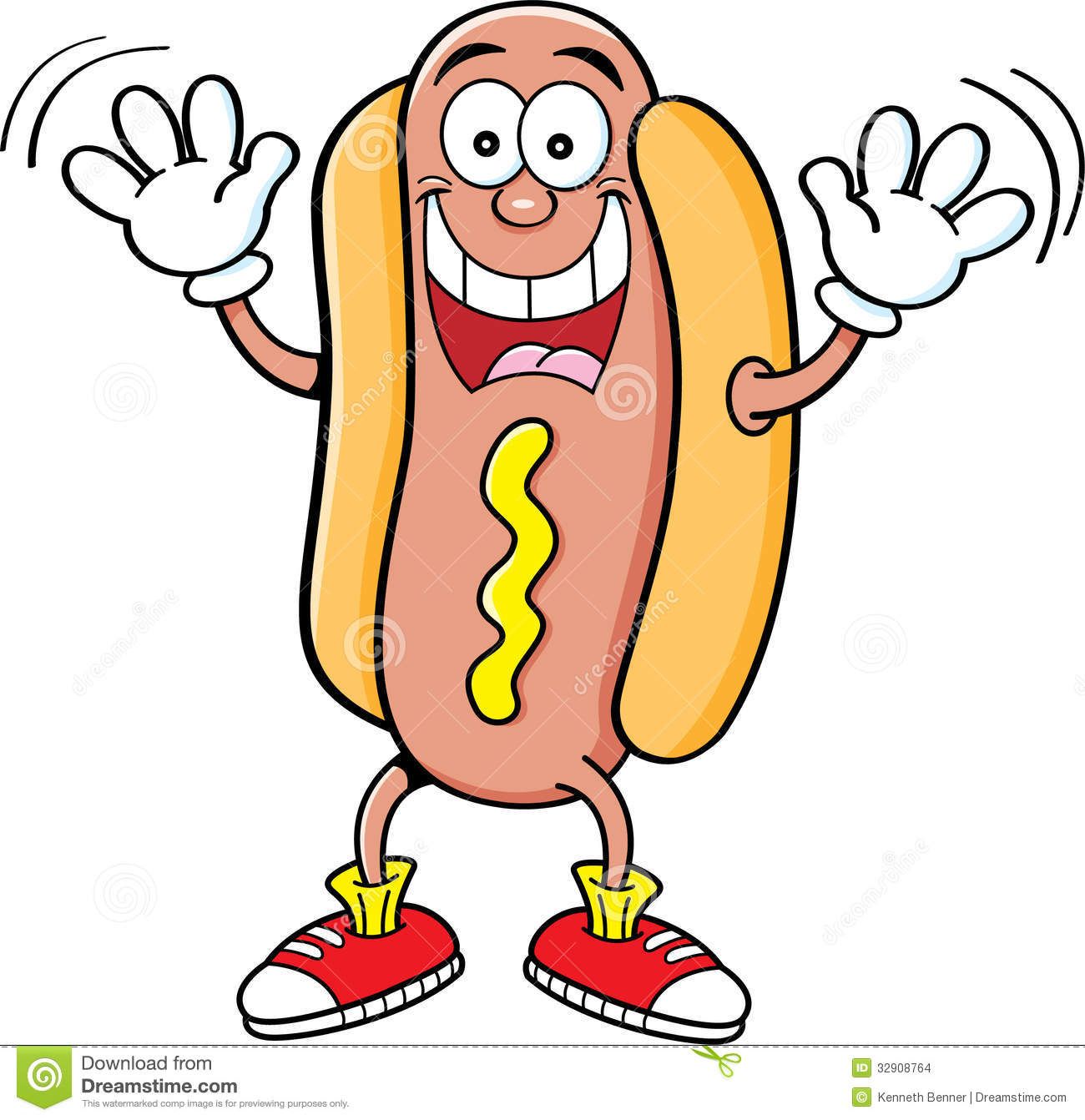 Cartoon hotdog waving.