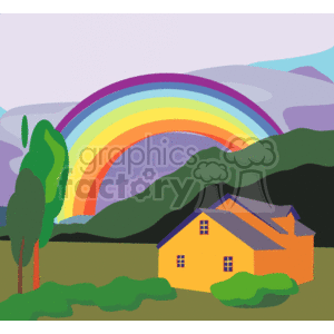 Rainbow over mountains with a house clipart
