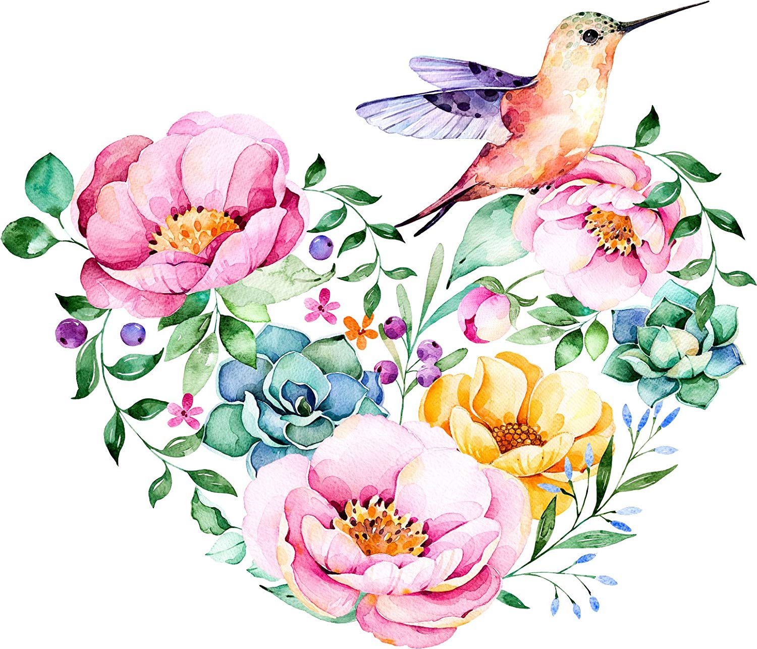 Pretty Watercolor Flower Hummingbird Heart Cartoon Vinyl Decal Sticker