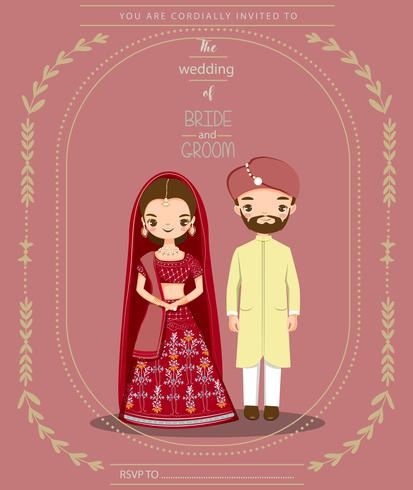 Cute Indian bride and groom in traditional dress for wedding