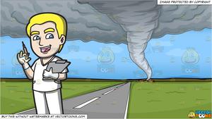 A Happy Male Nurse With An Injection and A Tornado Background