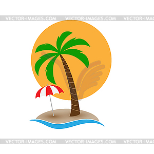 Palm tree with an umbrella on island against sun