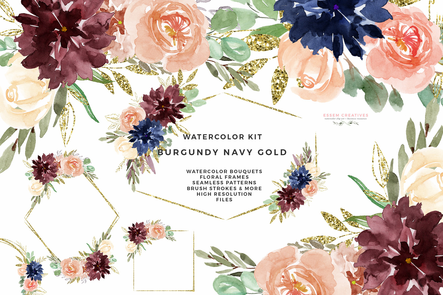 Burgundy Navy Gold Watercolor Flowers Clipart, Geometric Gold Glitter  Floral Frames Borders Seamless Patterns Digital Papers