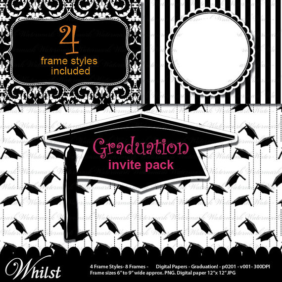 Graduation clip art digital paper, Grad invitation