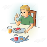 Boy Eating Breakfast, orange juice, toast, and jam
