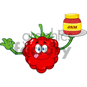 Royalty Free RF Clipart Illustration Raspberry Fruit Cartoon Mascot  Character With Gesturing Ok And Serving Jam Vector Illustration Isolated On  White