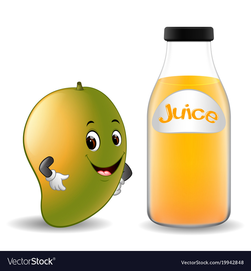 Bottle of mango juice with cute mango cartoon