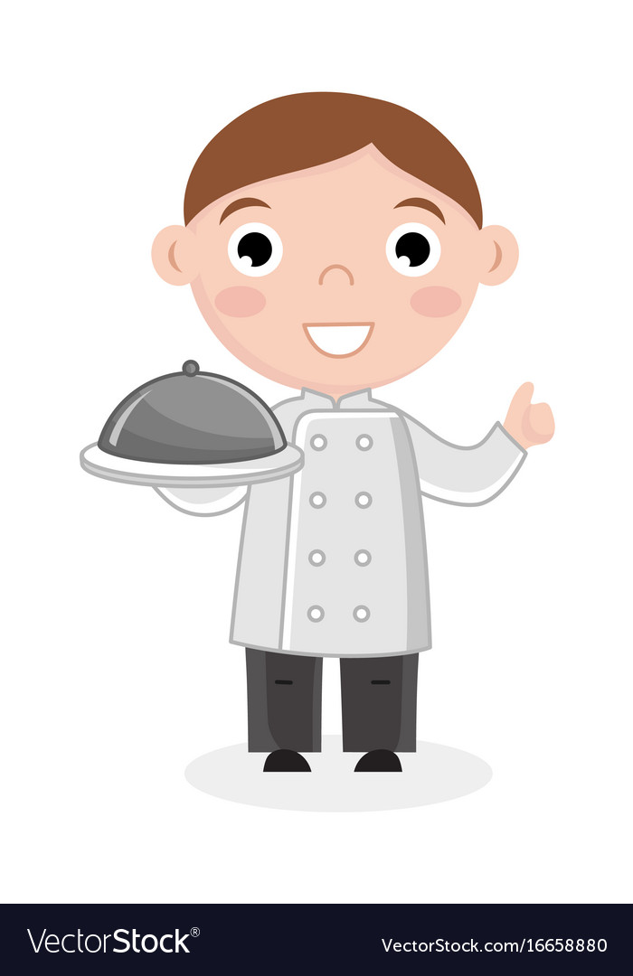 Little boy in cook uniform with dish
