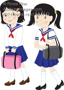 Clip Art Illustration Of A Couple Of Girls Wearing School