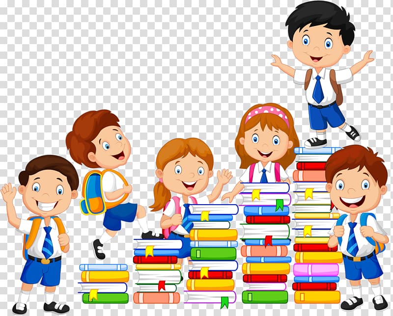 Six children with books illustration, Book , school kids