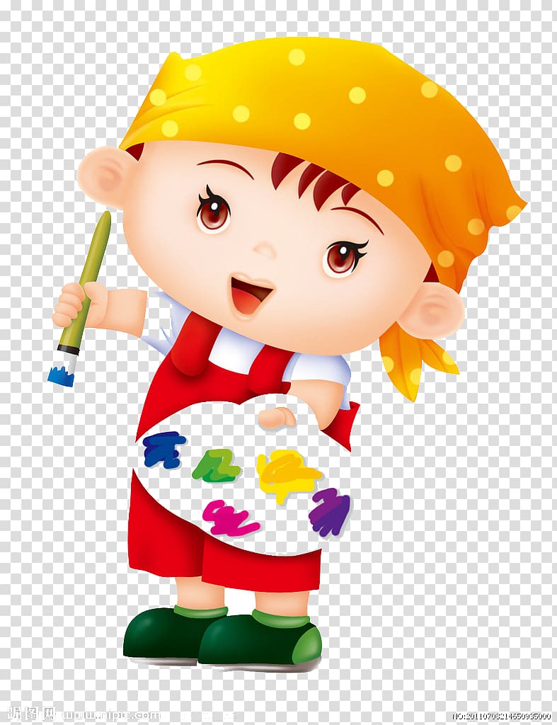 Child holding painting pan and brush illustration