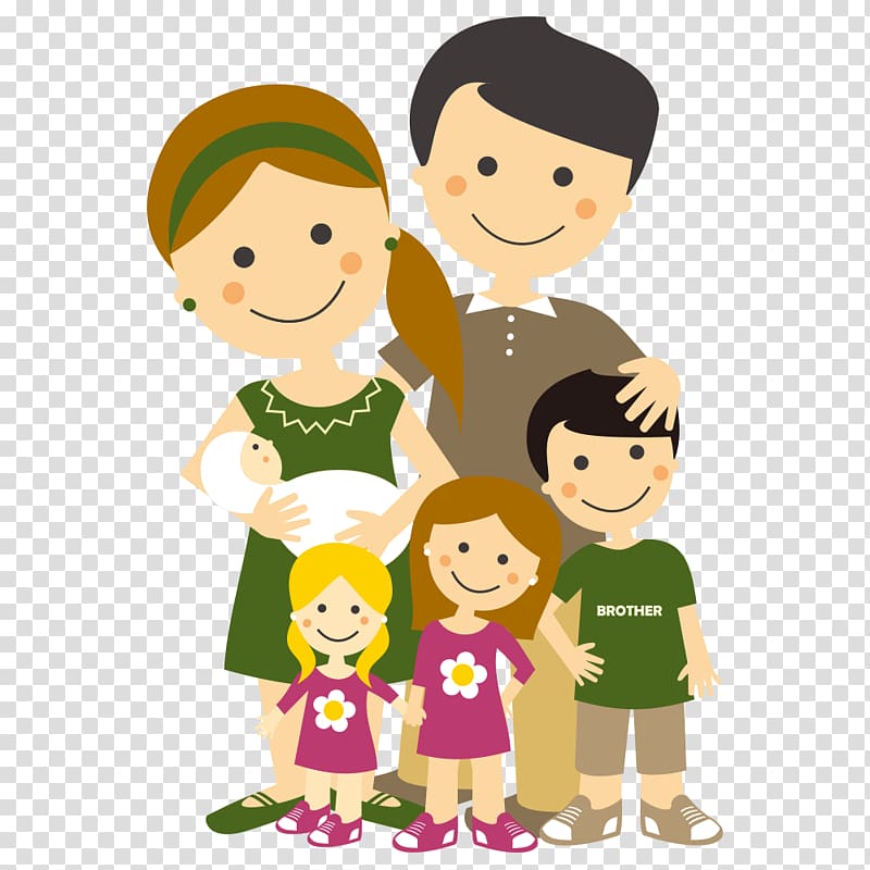 Man and woman and three children illustration, Family