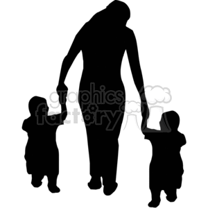 Woman holding hands with two small small kids silhouettes clipart