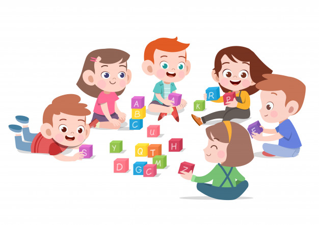 Kids children playing with blocks toys illustration Vector