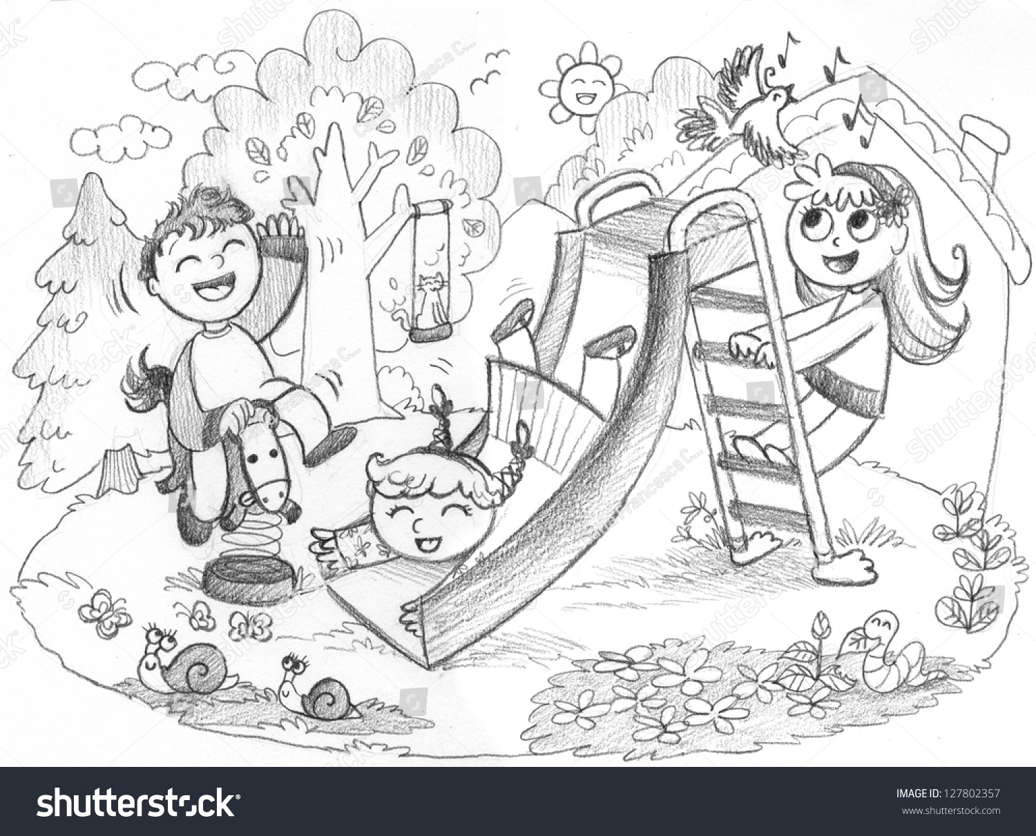 Kids playing in the playground clipart black and white