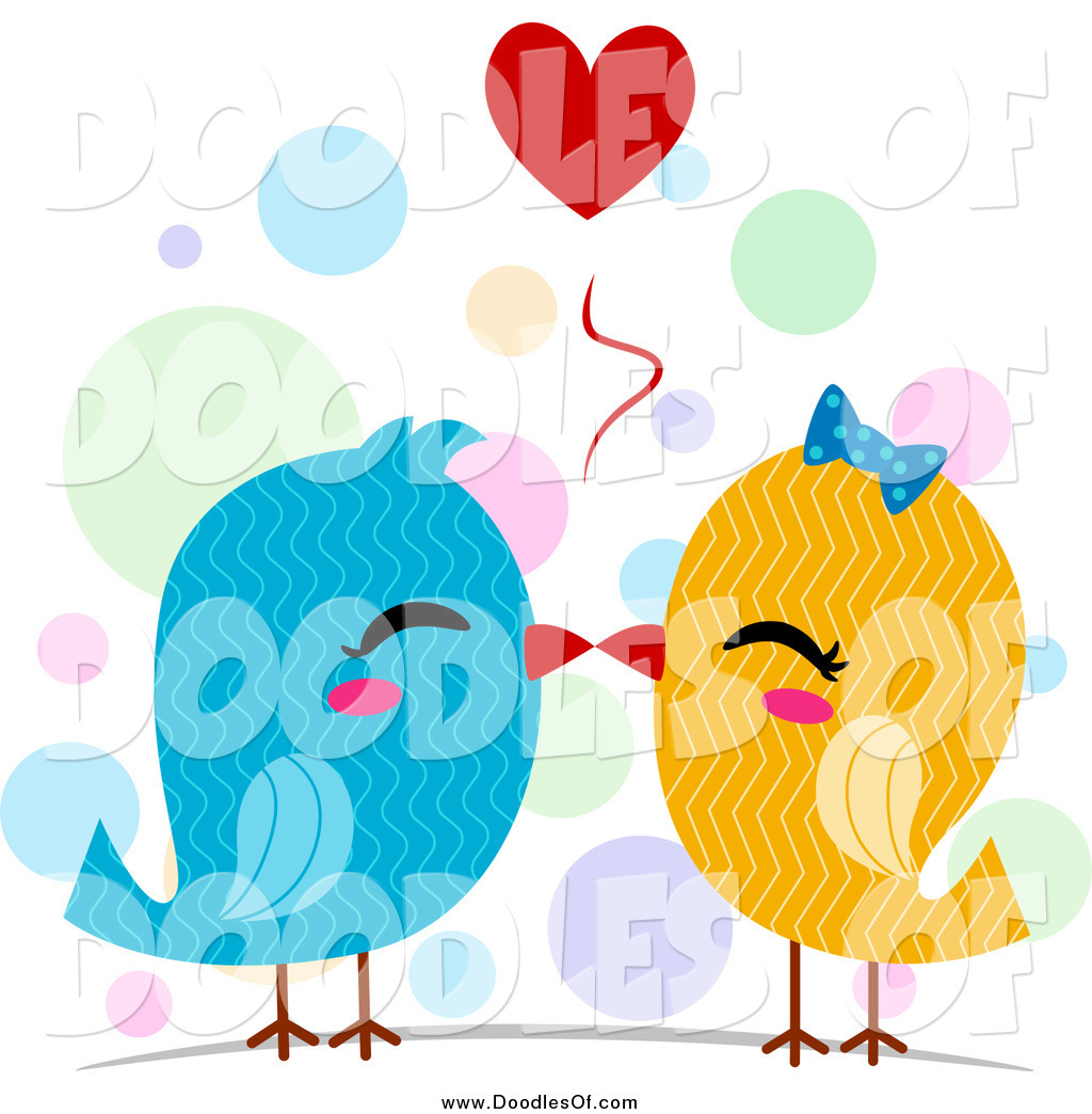 Vector Clipart of Doodled Blue and Yellow Kissing Love Birds