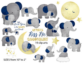 Cute Elephant watercolor clipart , good night kiss me,