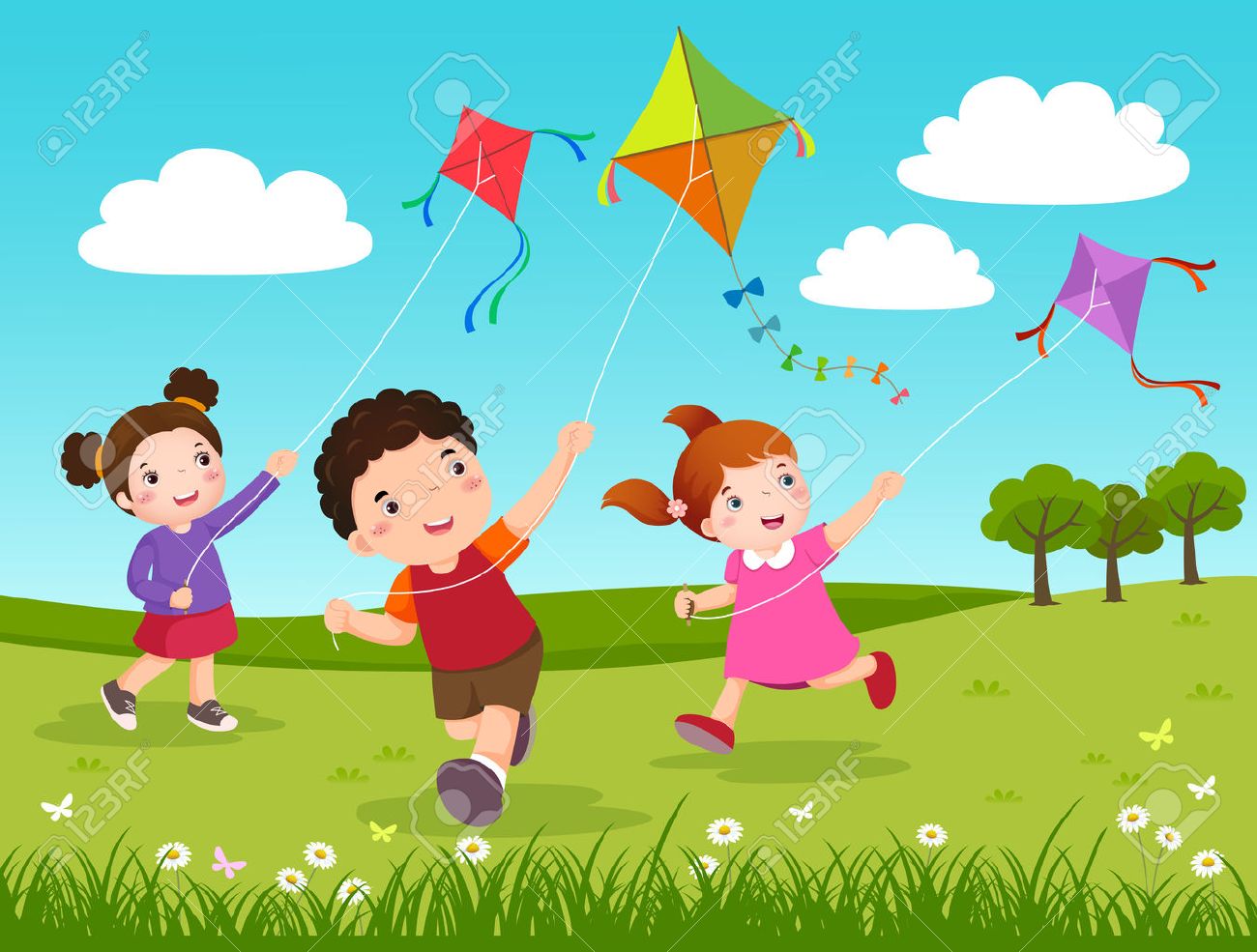 Kids flying kites clipart