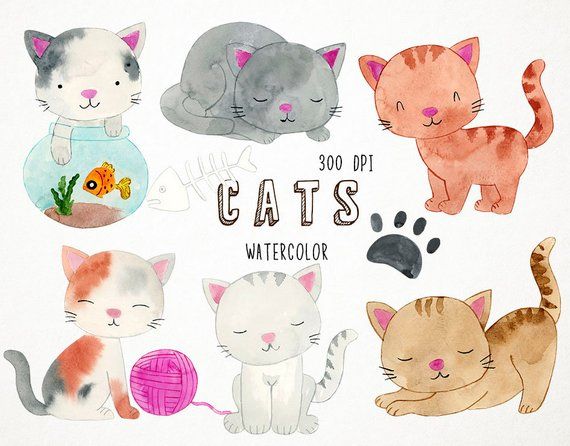 Watercolor Cats Clipart, Kitten Clipart, Cats Clip Art