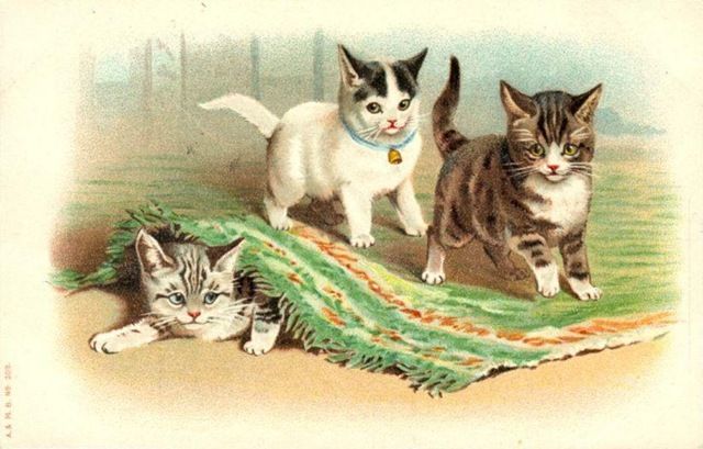 Vintage cat clip art three playful kittens under rug