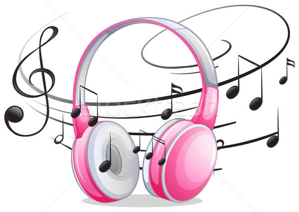 Pink headphone with music notes in background vector