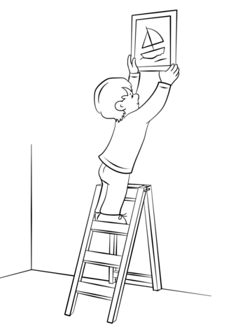 Boy Hanging Picture on a Wall with Ladder coloring page