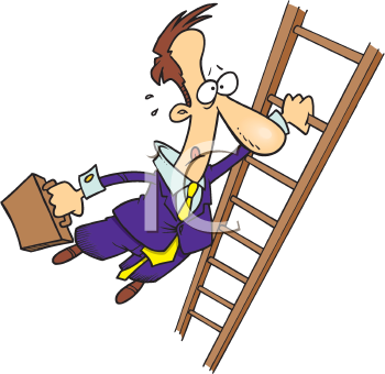 Royalty Free Clipart Image of a Man Hanging Off a Ladder