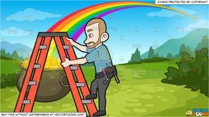 A Construction Worker Climbing Up The Ladder and Pot Of Gold At The End Of  The Rainbow Background