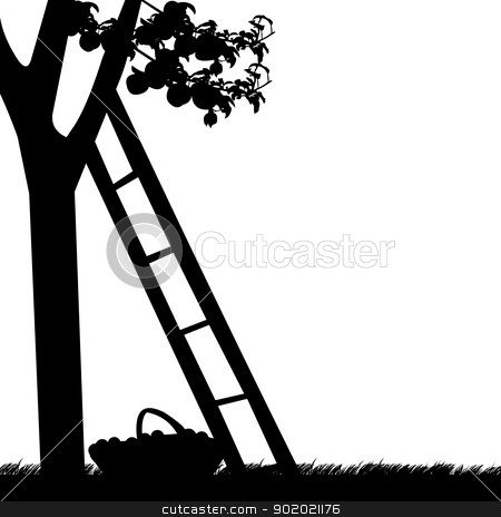 Apple tree with ladder and basket of apples silhouette stock