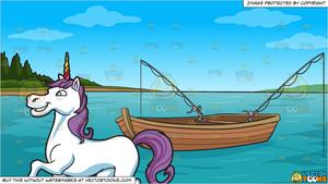 A Happy Unicorn and Fishing Boat On The Lake Background