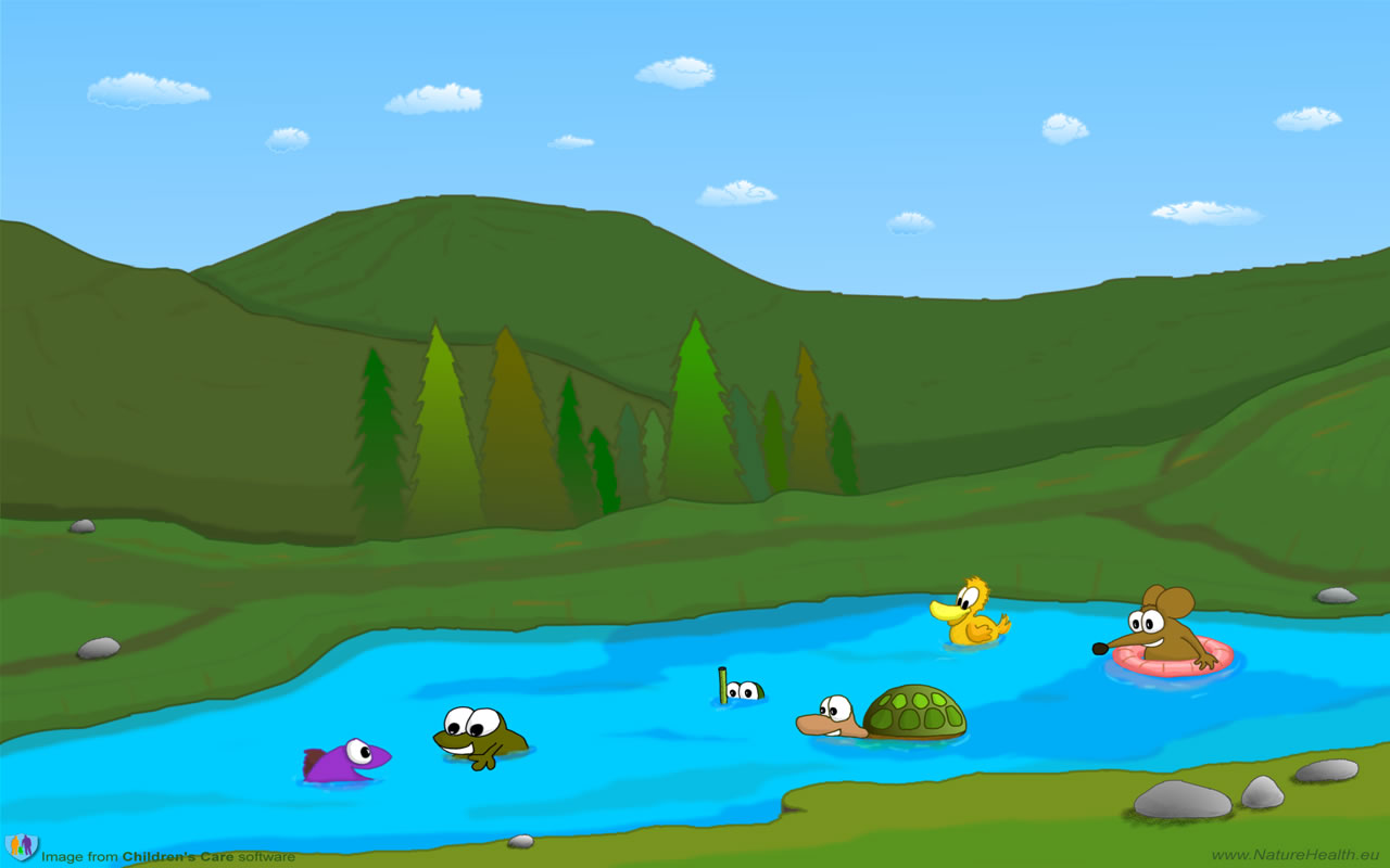 Cartoon mountain lake.