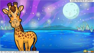 A Cute Looking Giraffe and Mysterious Outer Space Lake Background