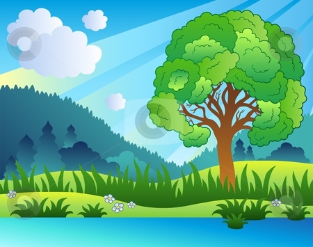 Landscape with leafy tree and lake stock vector
