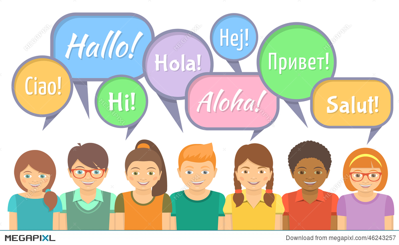 Language School With Happy Kids Saying Hello Illustration