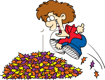 A boy jumping into a pile of leaves cartoon image