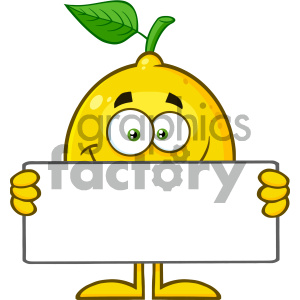 Royalty Free RF Clipart Illustration Smiling Yellow Lemon Fresh Fruit With  Green Leaf Cartoon Mascot Character Holding A Blank Sign Vector