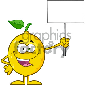Royalty Free RF Clipart Illustration Happy Yellow Lemon Fresh Fruit With  Green Leaf Cartoon Mascot Character Holding A Blank Sign Vector  Illustration