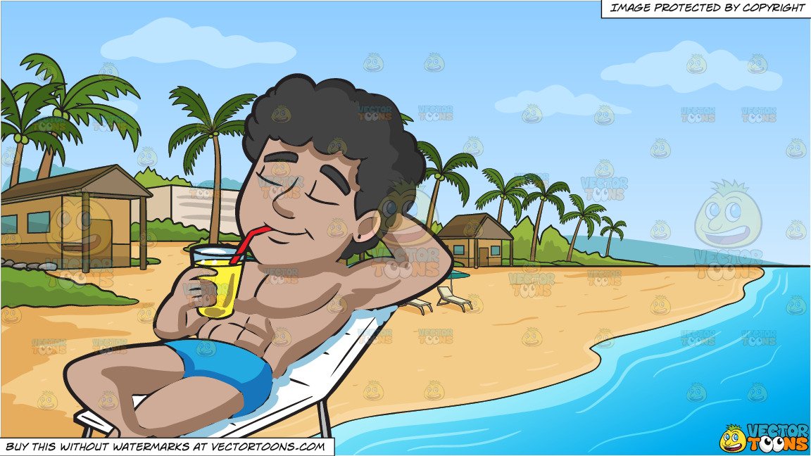 A Man Relaxing With A Glass Of Lemonade and A Simple Beach Front Resort  Background