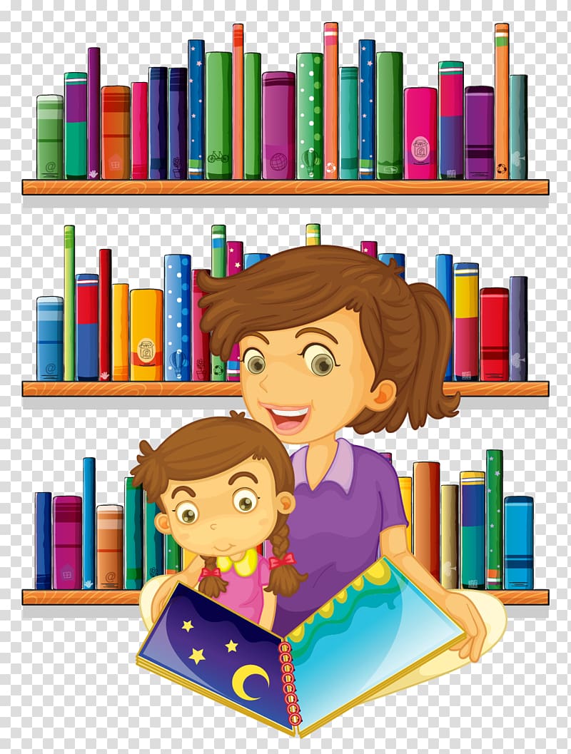 Woman reading beside girl in library illustration, Library